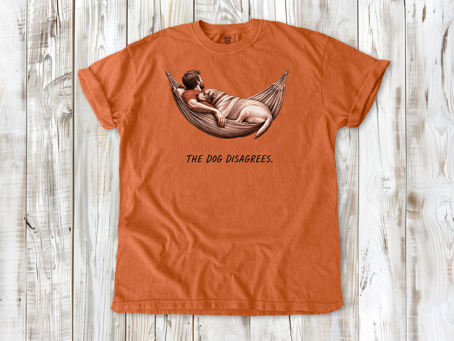 Seafoam garment-dyed tee with The Hammock Seats One The Dog Disagrees dog graphic.