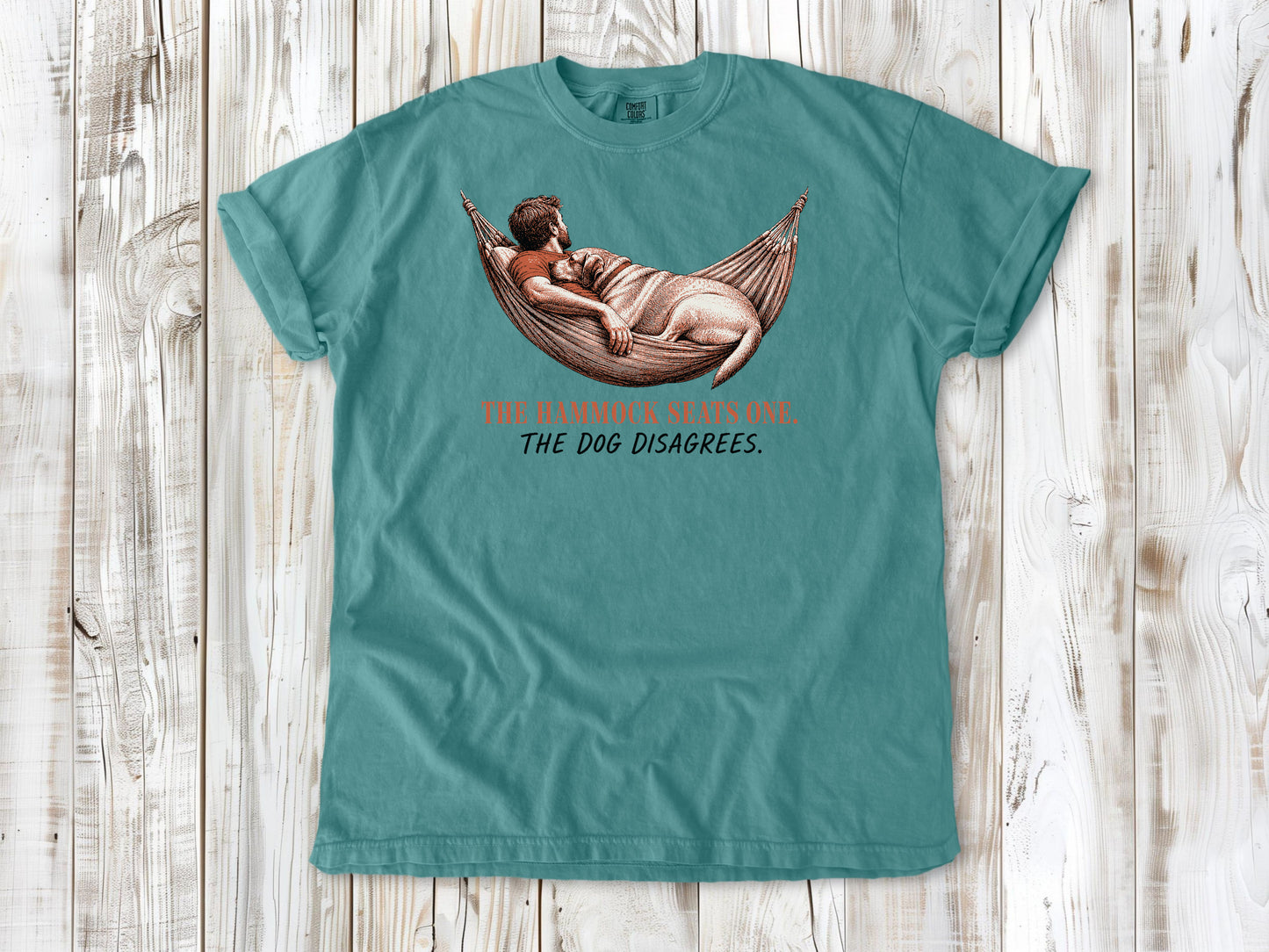 Mustard garment-dyed tee with The Hammock Seats One The Dog Disagrees dog graphic.