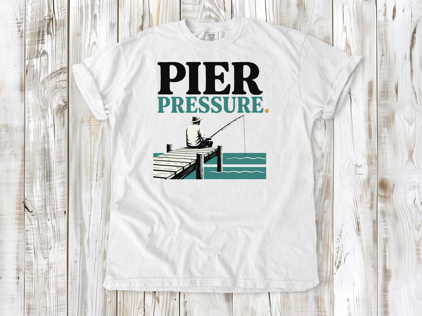 White garment-dyed tee with Pier Pressure fishing graphic.