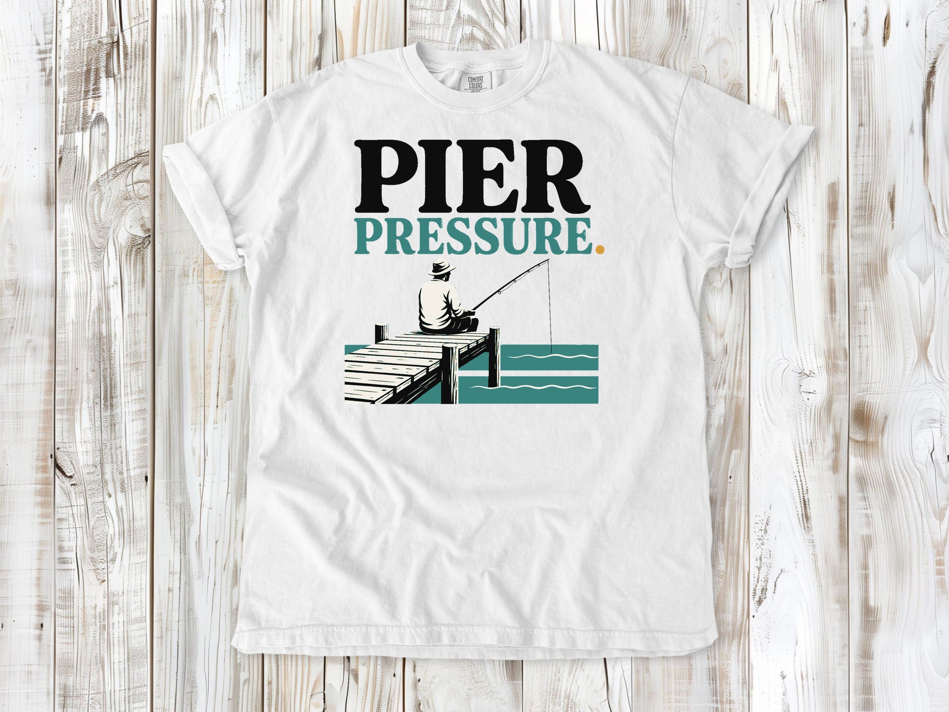 White garment-dyed tee with Pier Pressure fishing graphic.