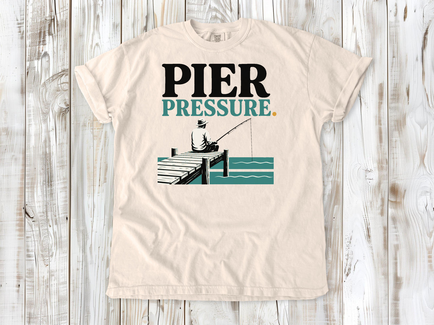 Butter garment-dyed tee with Pier Pressure fishing graphic.