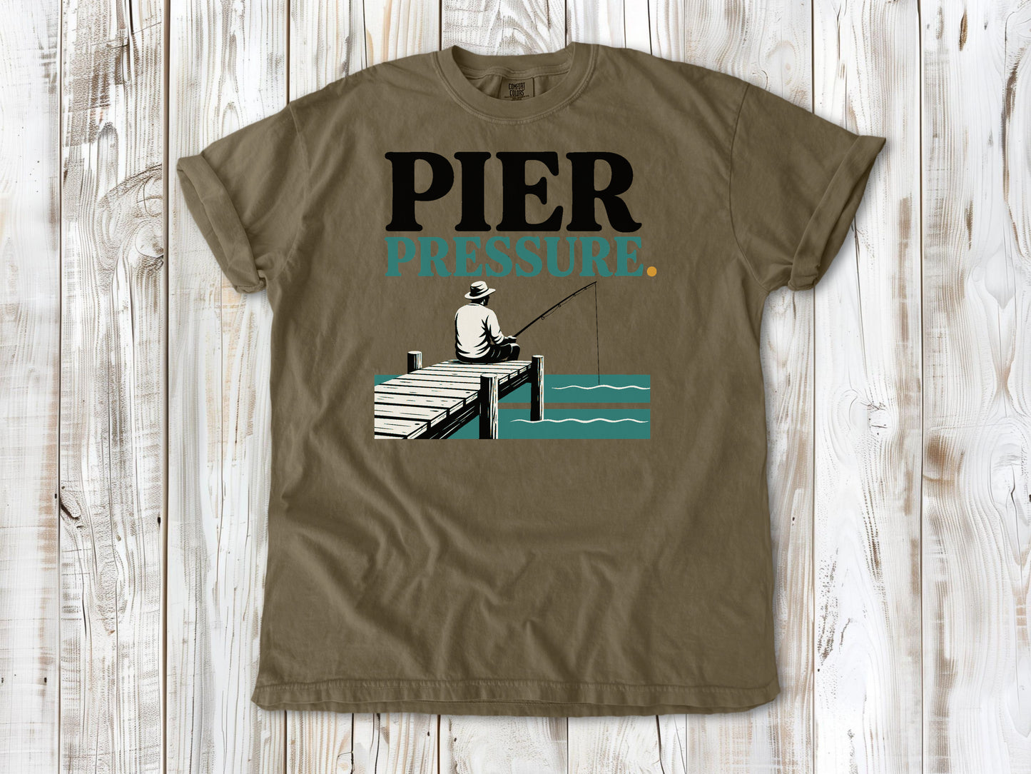 Graphite garment-dyed tee with Pier Pressure fishing graphic.