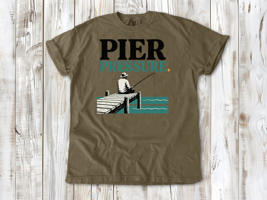 Graphite garment-dyed tee with Pier Pressure fishing graphic.