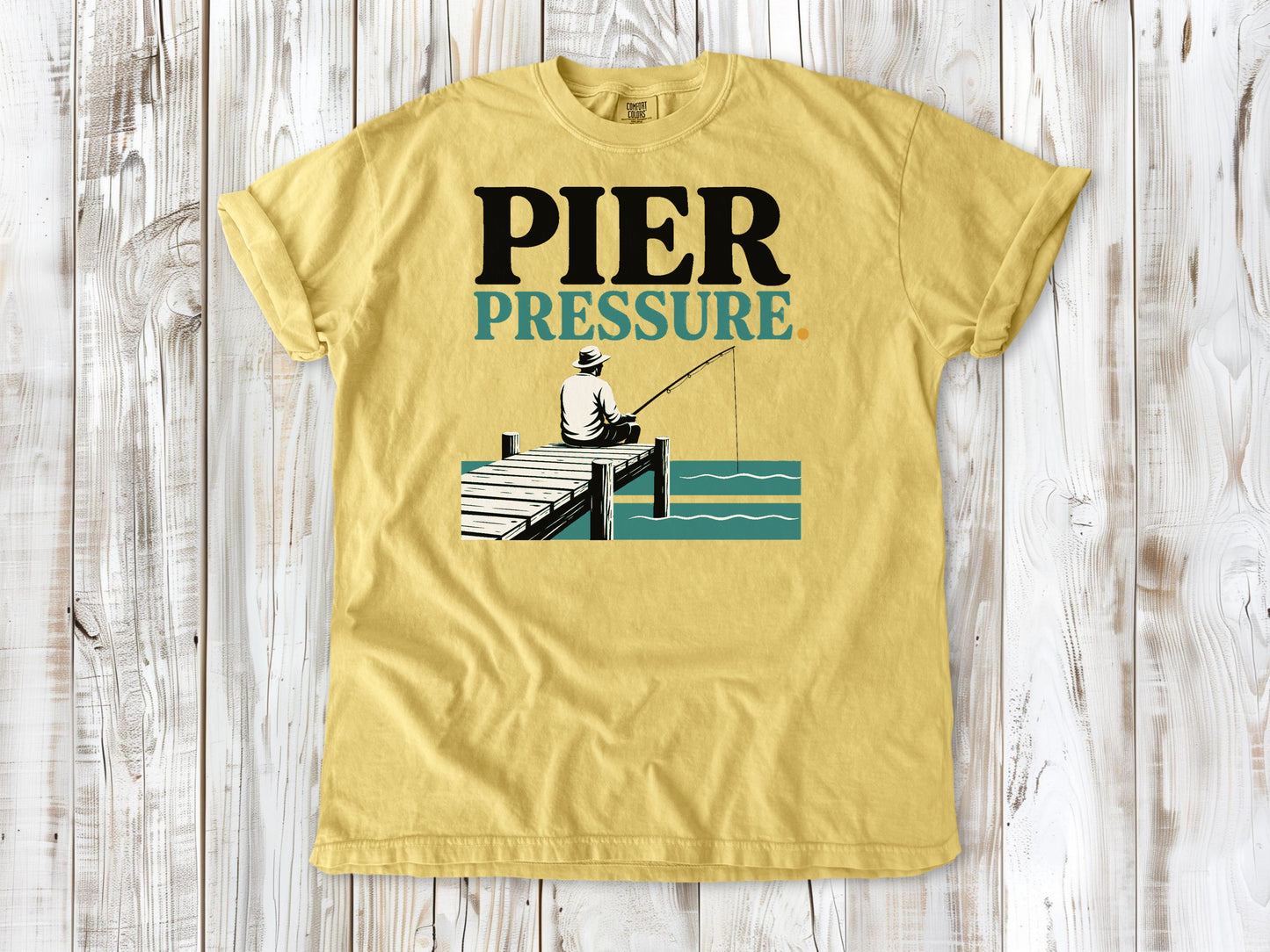 Grey garment-dyed tee with Pier Pressure fishing graphic.