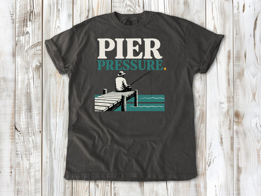 Ivory garment-dyed tee with Pier Pressure fishing graphic.