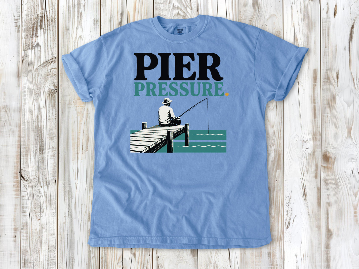 Pepper garment-dyed tee with Pier Pressure fishing graphic.