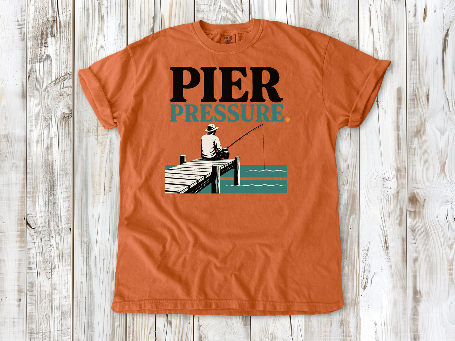 Seafoam garment-dyed tee with Pier Pressure fishing graphic.