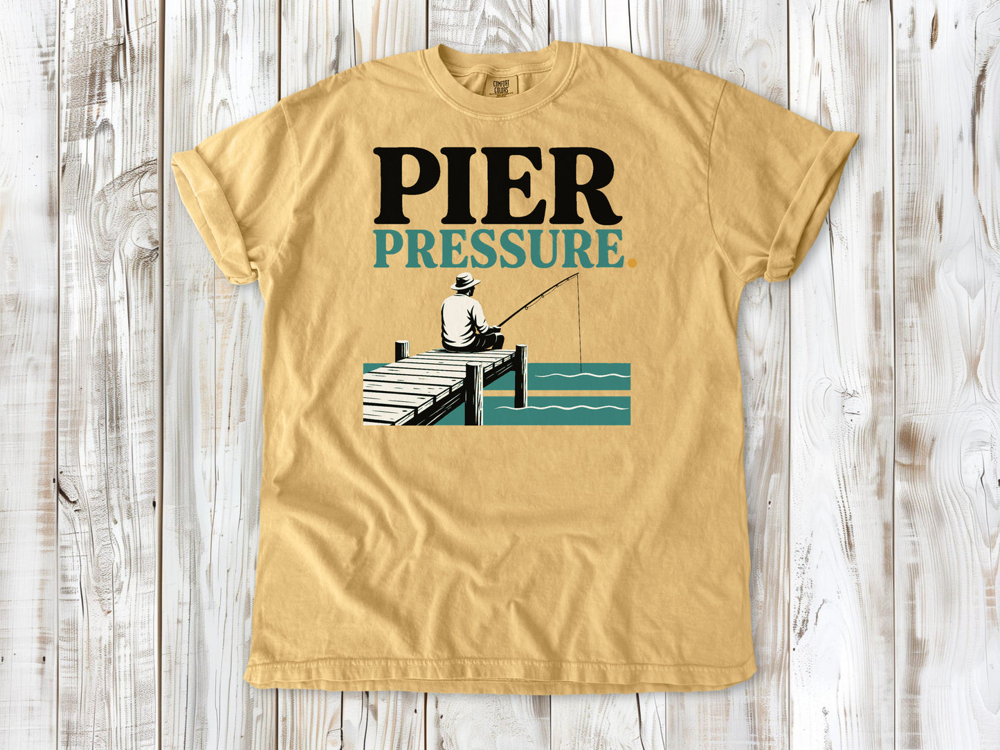 Burnt Orange garment-dyed tee with Pier Pressure fishing graphic.