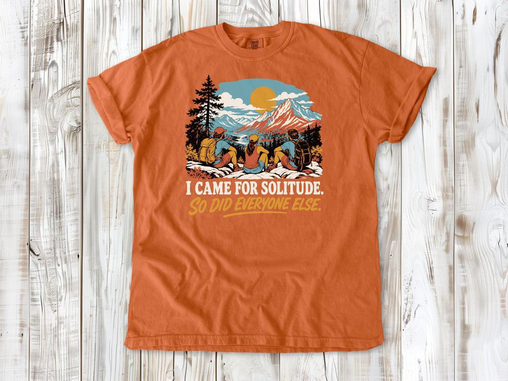 Seafoam garment-dyed tee with I Came for Solitude So Did Everyone Else hiking graphic.