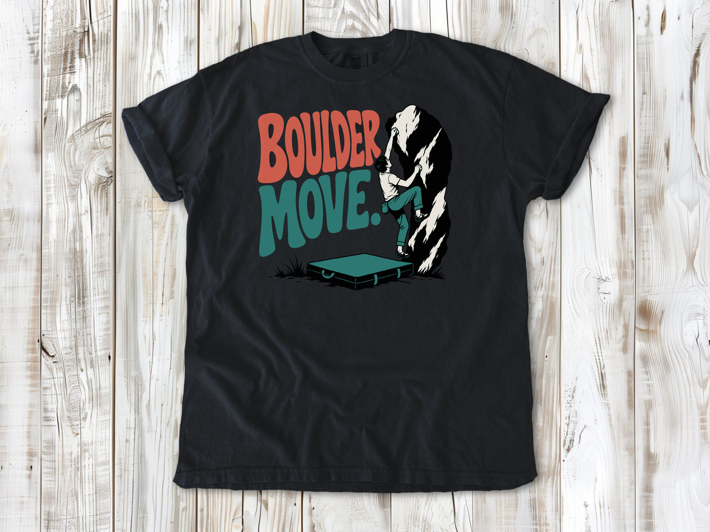 Washed Denim garment-dyed tee with Boulder Move bouldering graphic.