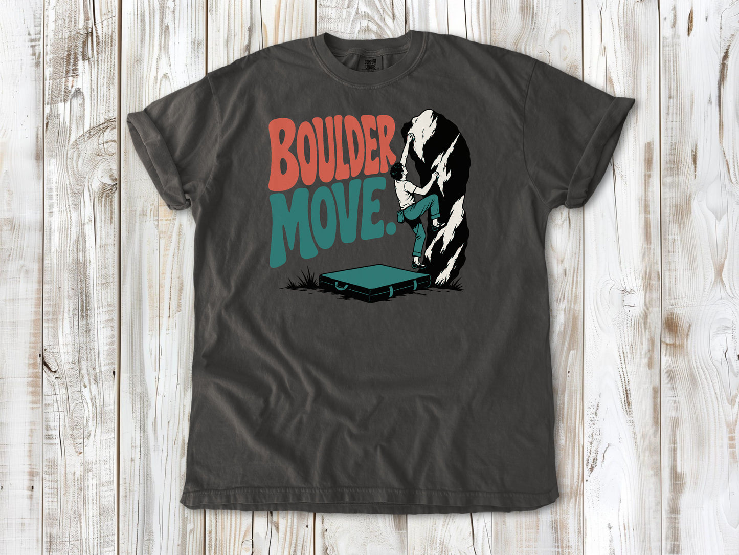 Ivory garment-dyed tee with Boulder Move bouldering graphic.