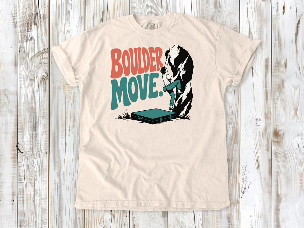 Butter garment-dyed tee with Boulder Move bouldering graphic.