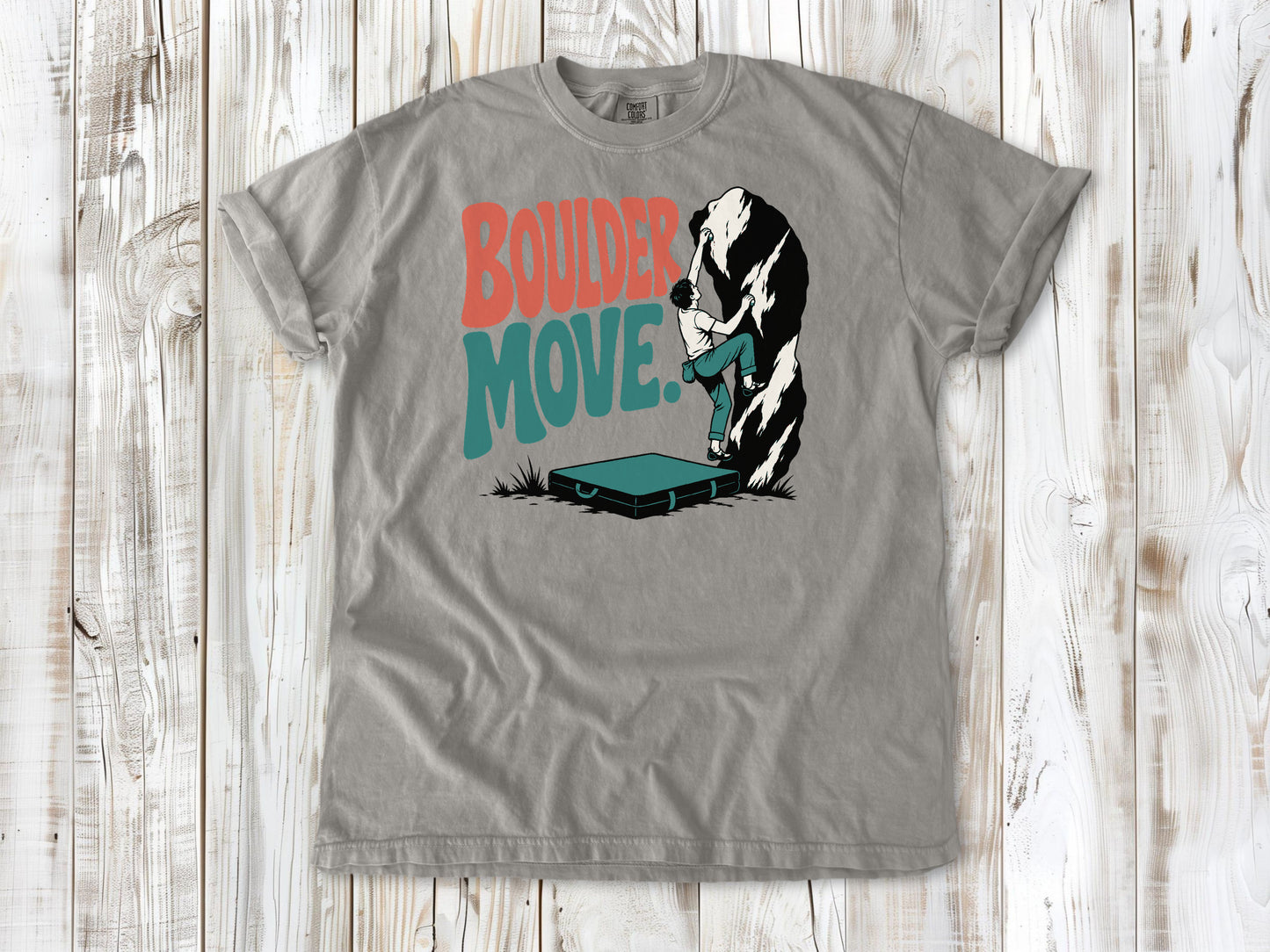 Khaki garment-dyed tee with Boulder Move bouldering graphic.