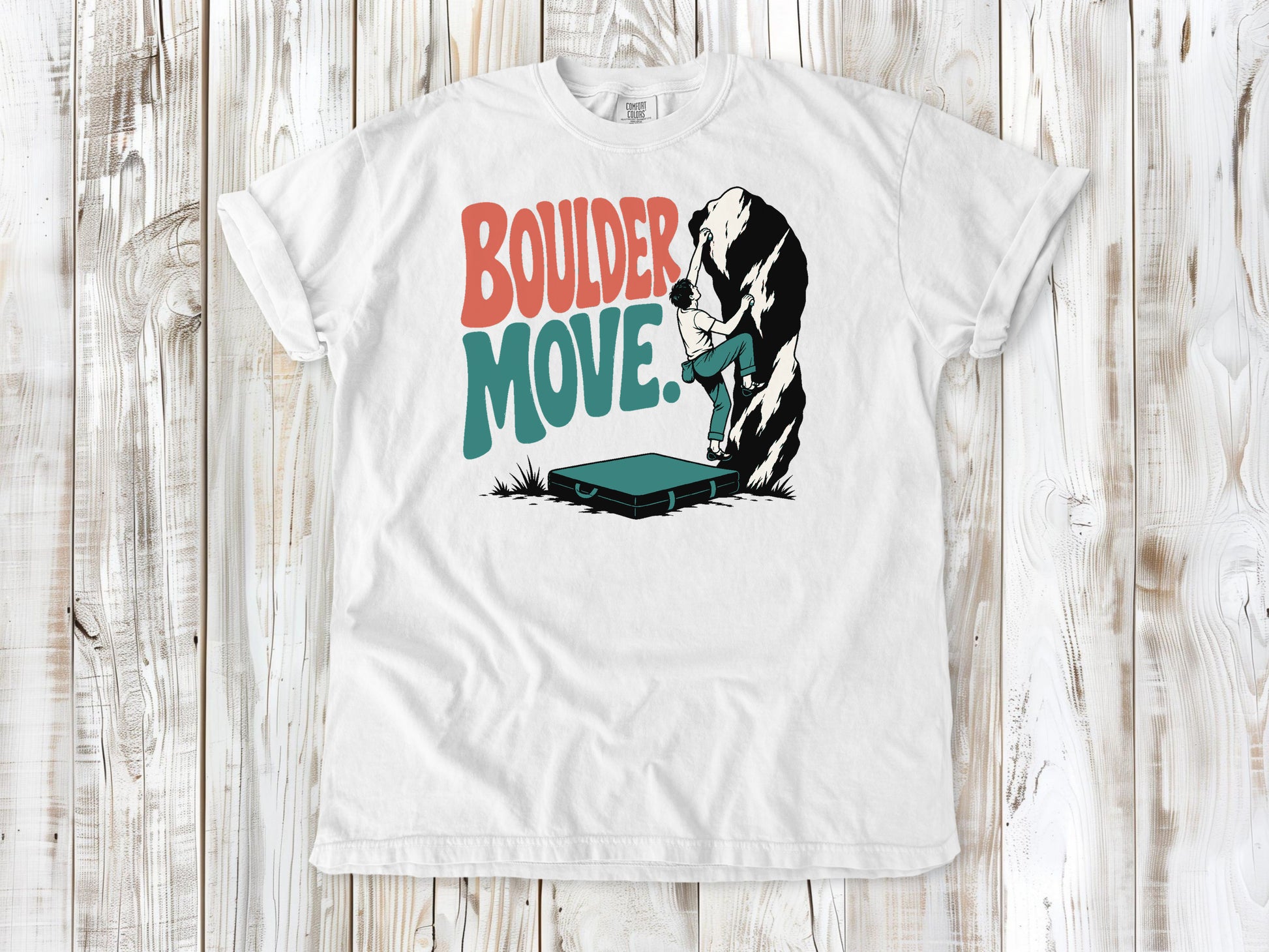 White garment-dyed tee with Boulder Move bouldering graphic.