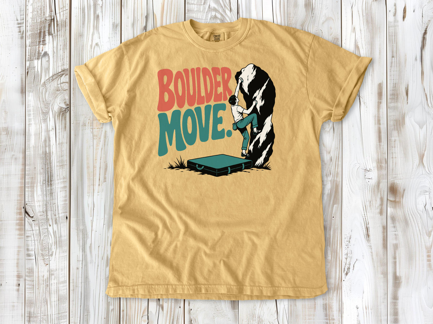 Burnt Orange garment-dyed tee with Boulder Move bouldering graphic.