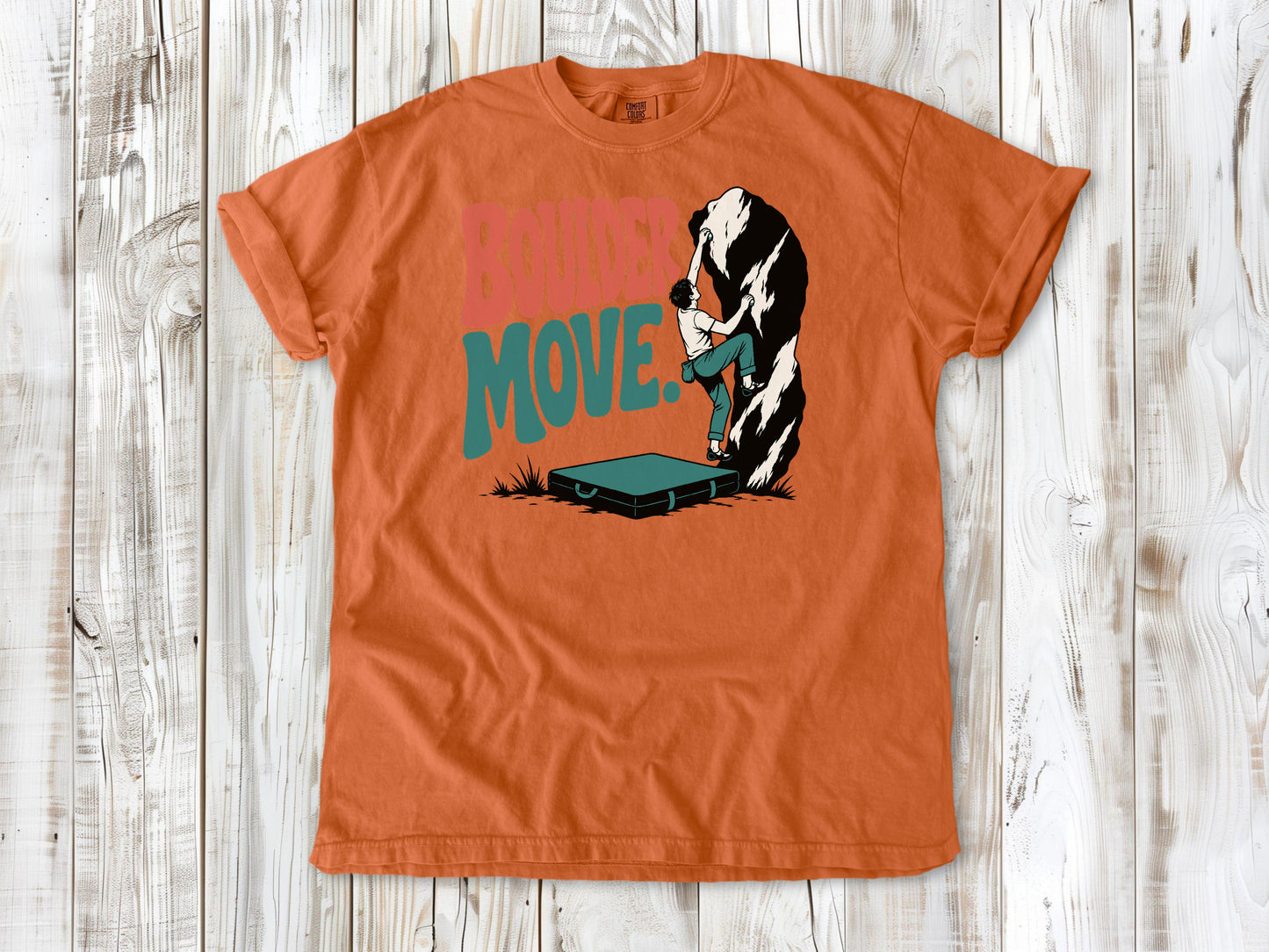 Seafoam garment-dyed tee with Boulder Move bouldering graphic.