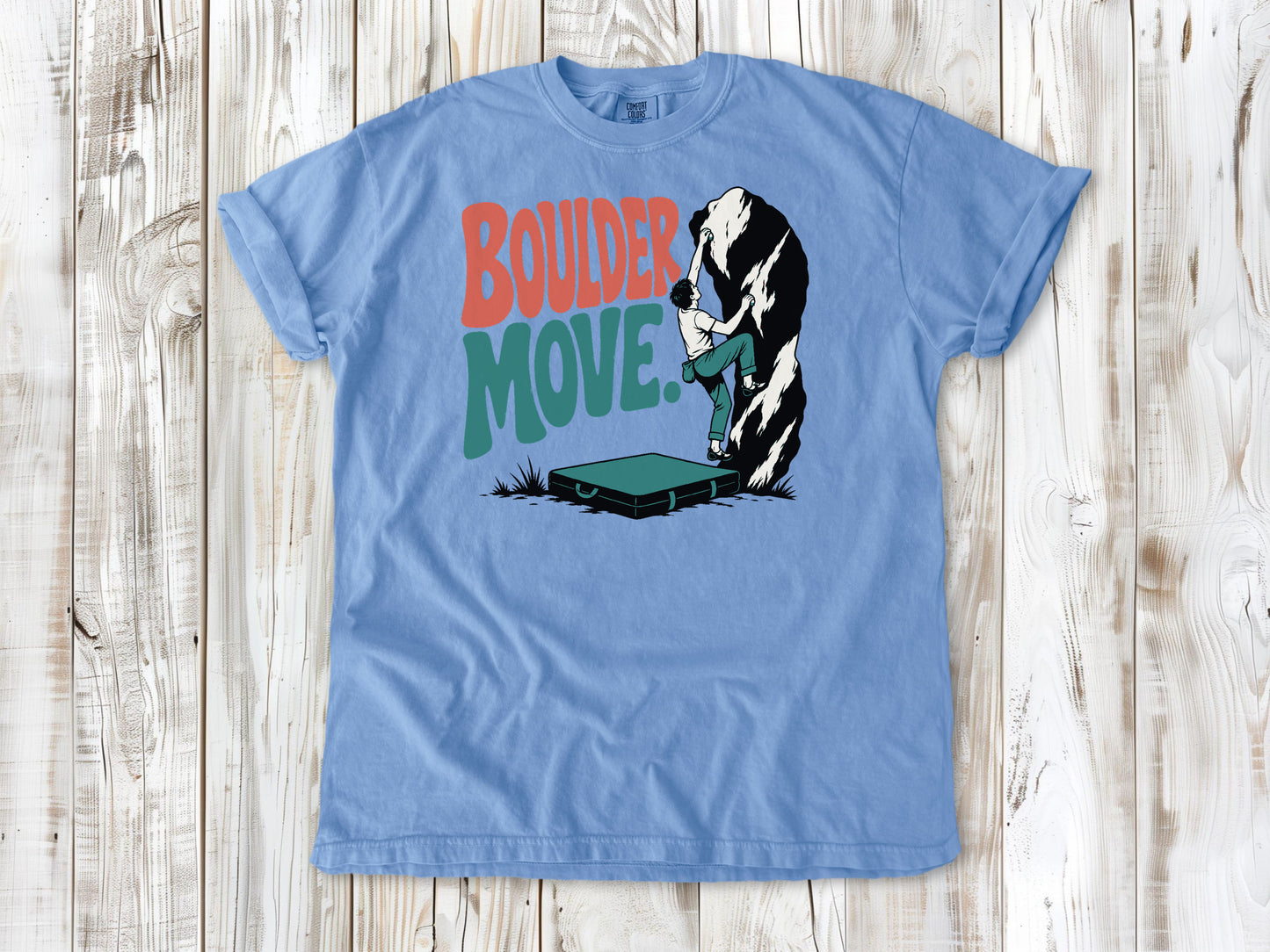 Pepper garment-dyed tee with Boulder Move bouldering graphic.