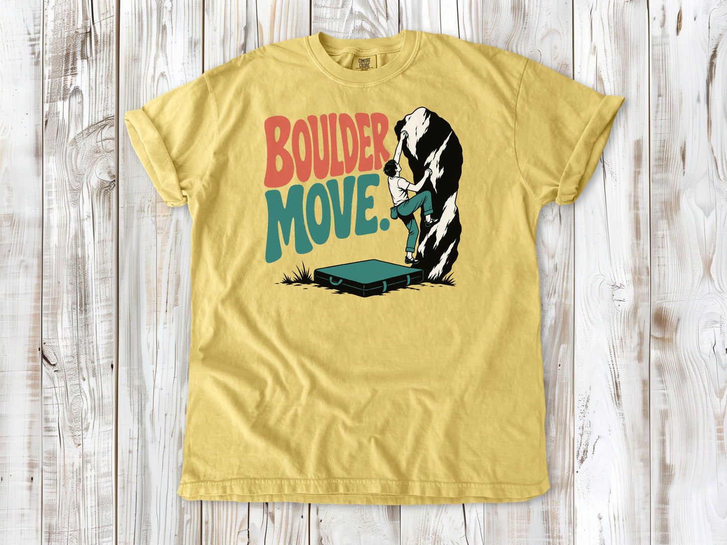 Grey garment-dyed tee with Boulder Move bouldering graphic.