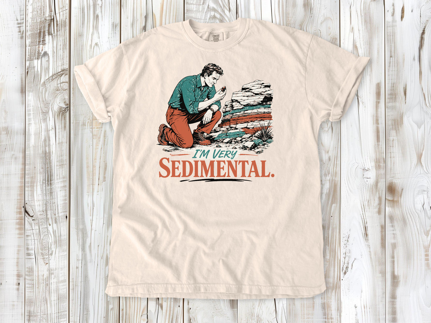 Butter garment-dyed tee with I'm Very Sedimental rockhound graphic.