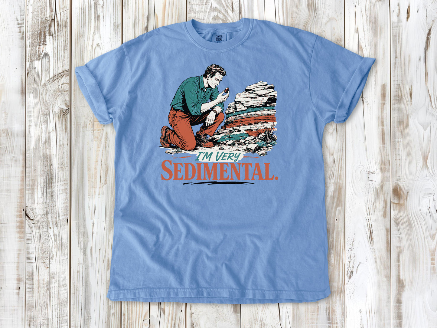 Pepper garment-dyed tee with I'm Very Sedimental rockhound graphic.