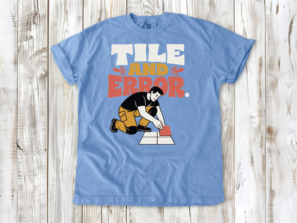 Pepper garment-dyed tee with Tile and Error tile setter graphic.