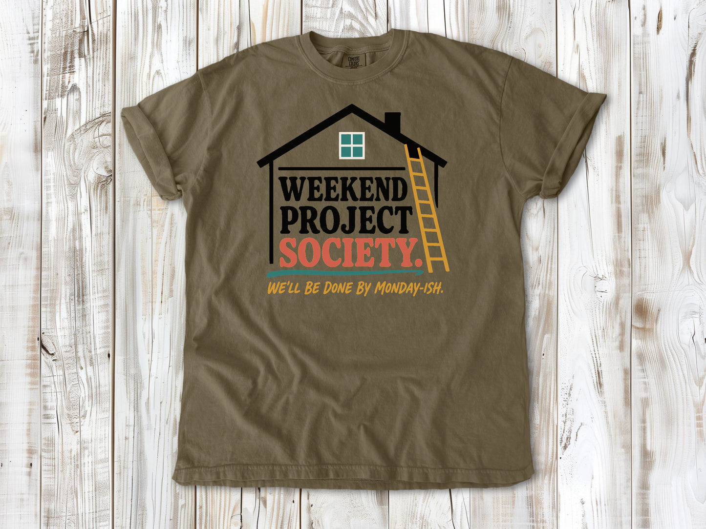 Graphite garment-dyed tee with Weekend Project Society Done by Monday-ish DIY graphic.