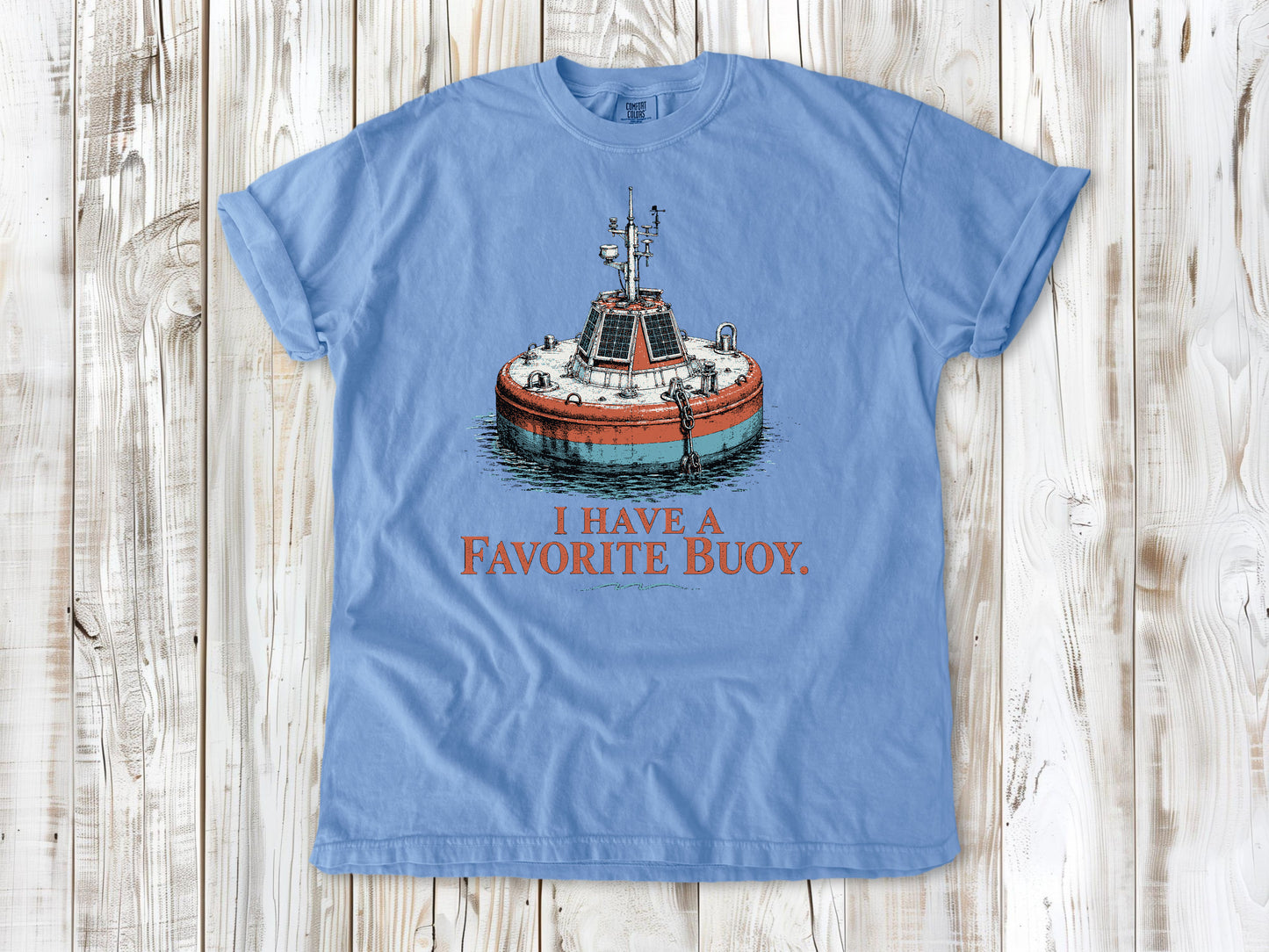 Pepper garment-dyed tee with I Have a Favorite Buoy surfing graphic.
