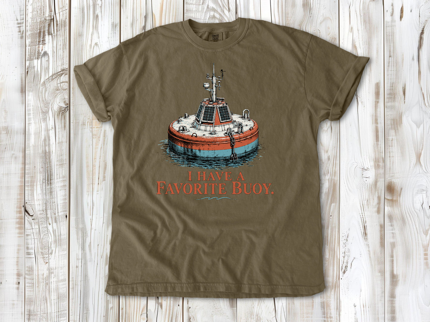 Graphite garment-dyed tee with I Have a Favorite Buoy surfing graphic.