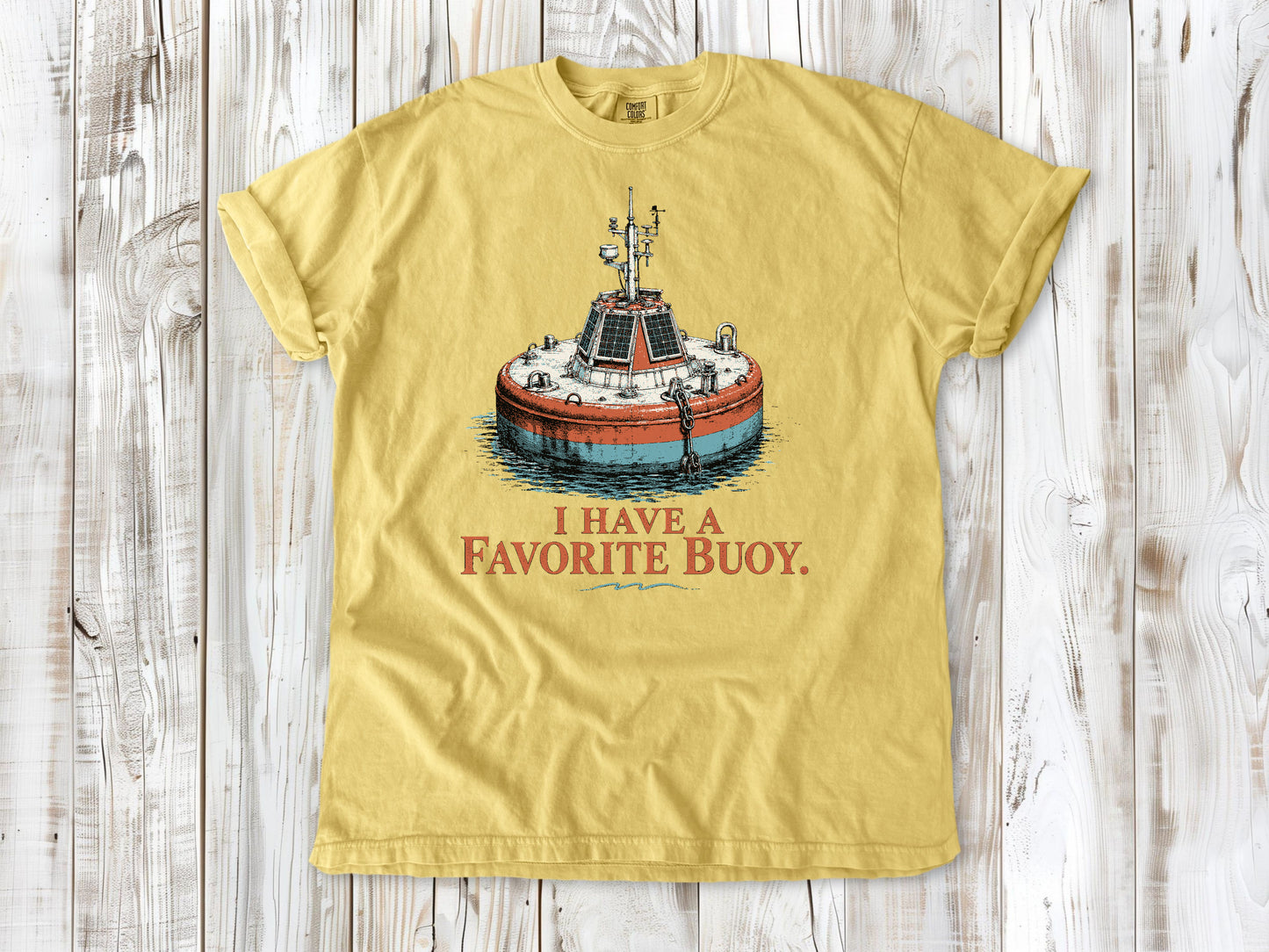 Grey garment-dyed tee with I Have a Favorite Buoy surfing graphic.
