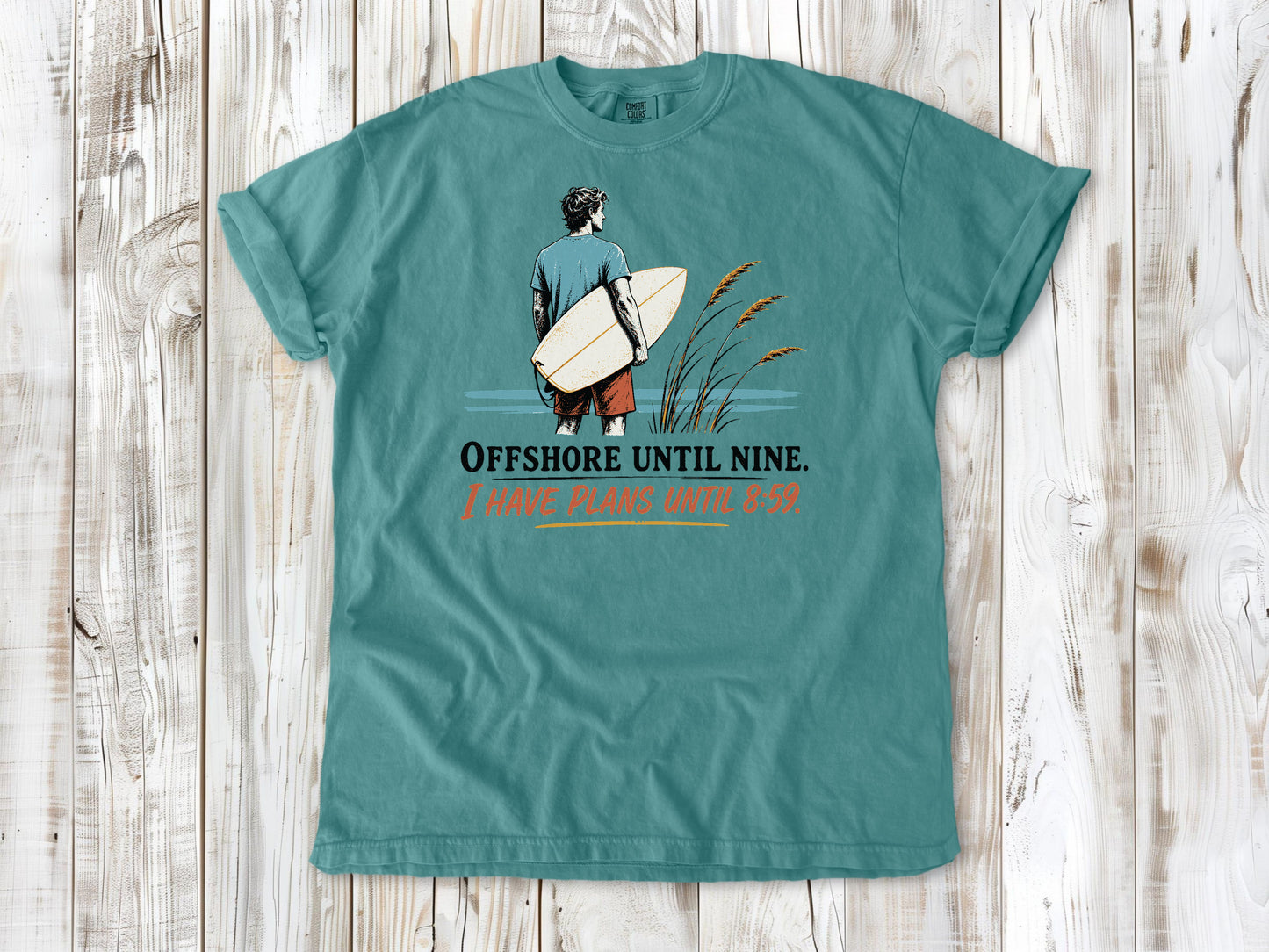 Mustard garment-dyed tee with Offshore Until Nine I Have Plans Until 8 59 surfing graphic.