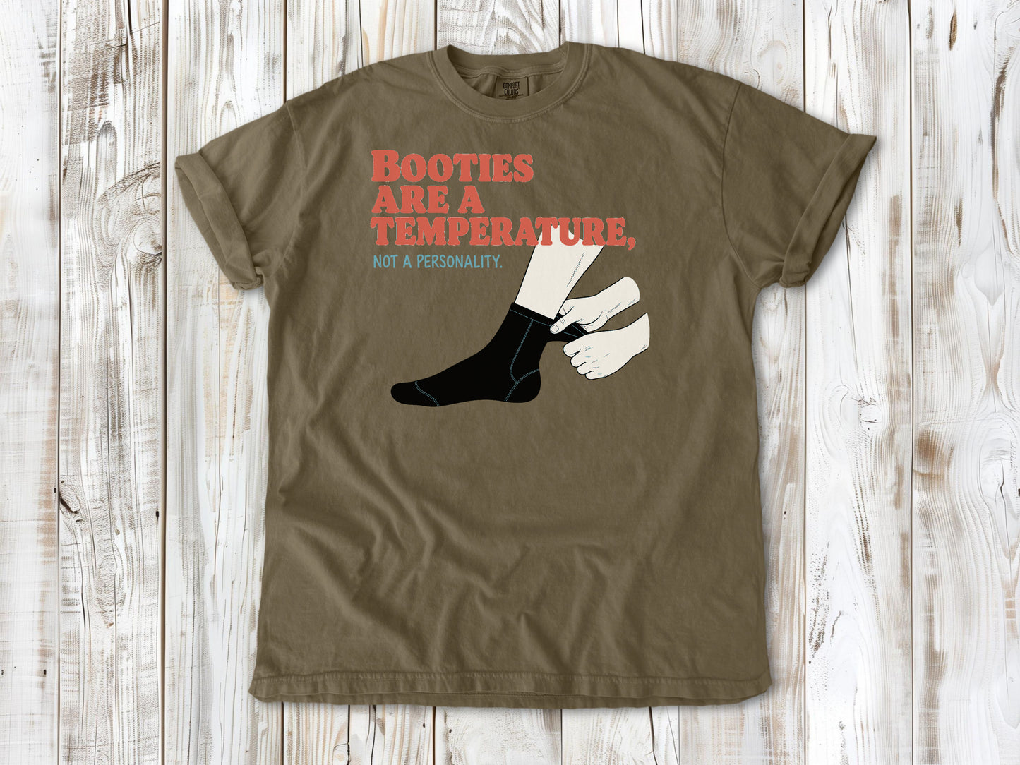 Graphite garment-dyed tee with Booties Are a Temperature Not a Personality cold water surfing graphic.