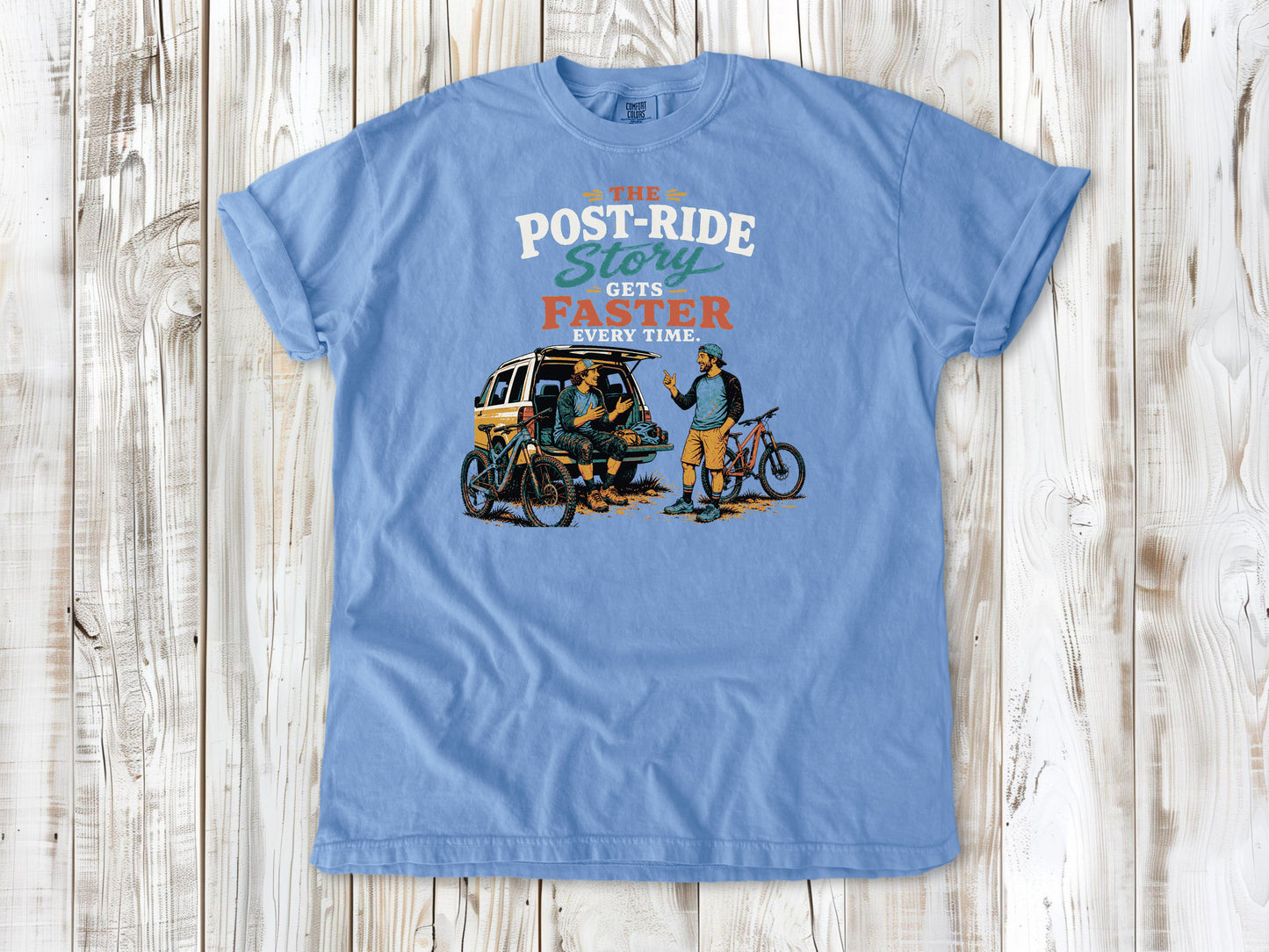 Pepper garment-dyed tee with The Post-Ride Story Gets Faster Every Time mountain bike graphic.