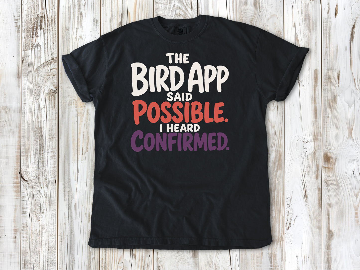 Washed Denim garment-dyed tee with The Bird App Said Possible I Heard Confirmed birding graphic.