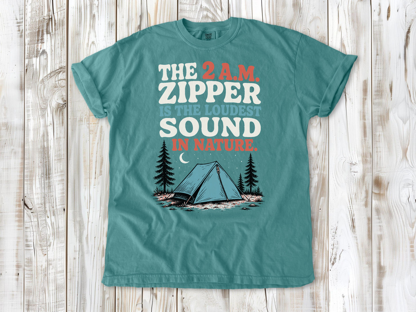 Mustard garment-dyed tee with The 2 A.M. Zipper Is the Loudest Sound in Nature camping graphic.