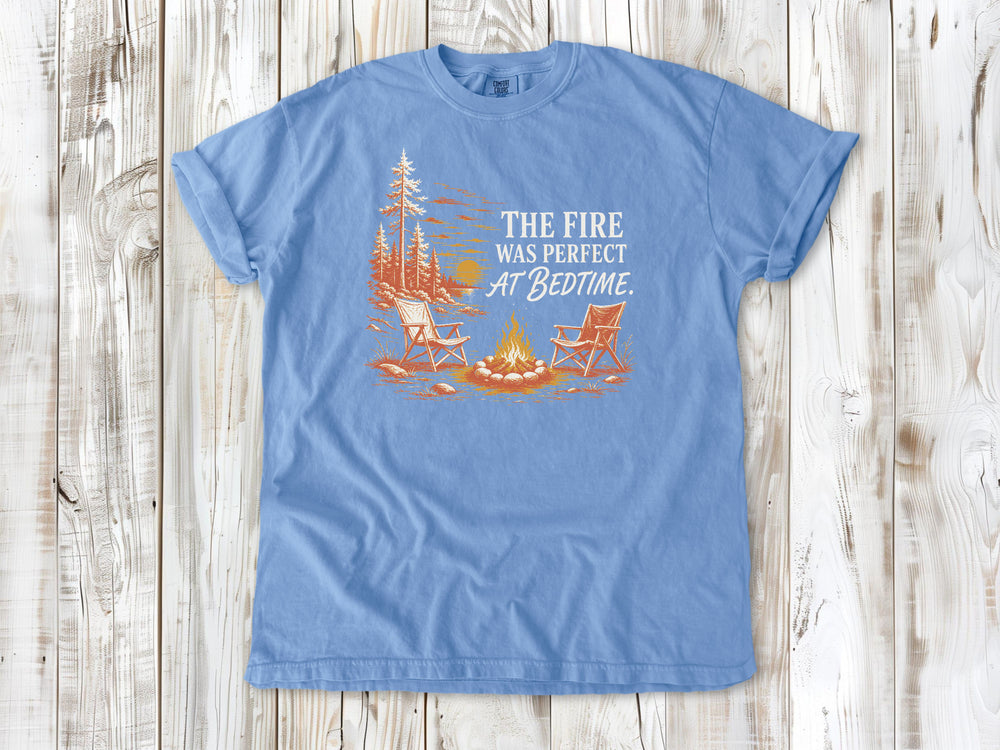Pepper garment-dyed tee with The Fire Was Perfect at Bedtime campfire graphic.