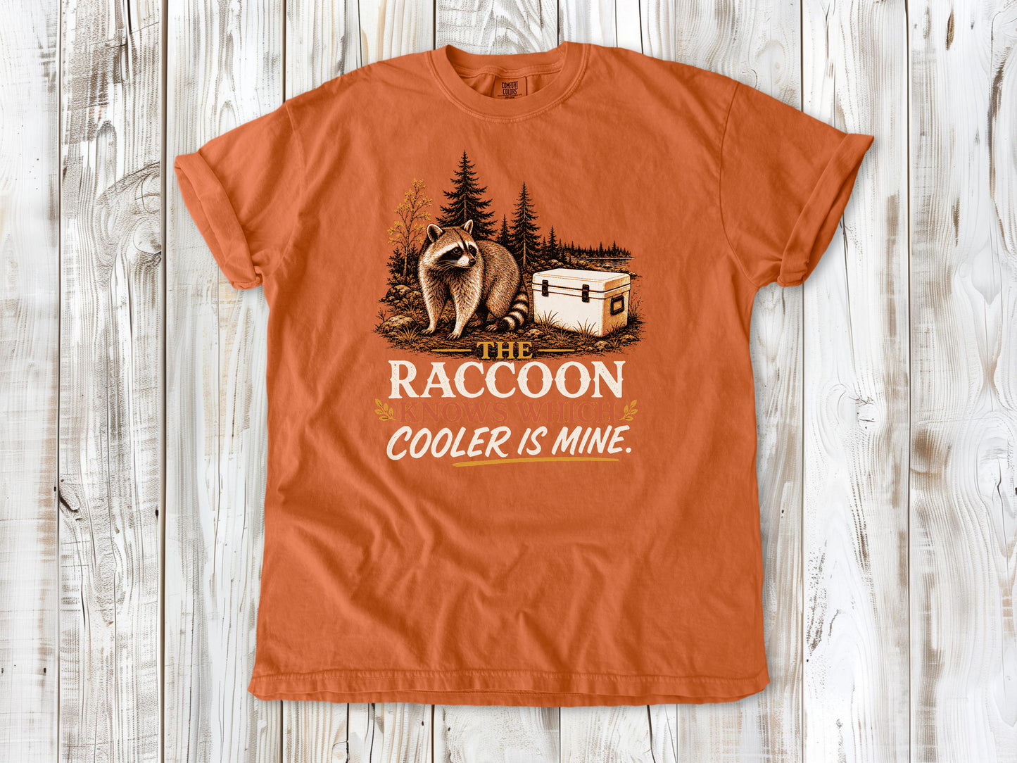 Seafoam garment-dyed tee with The Raccoon Knows Which Cooler Is Mine camping graphic.