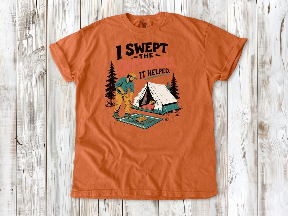 Seafoam garment-dyed tee with I Swept the Outdoors It Helped camping graphic.