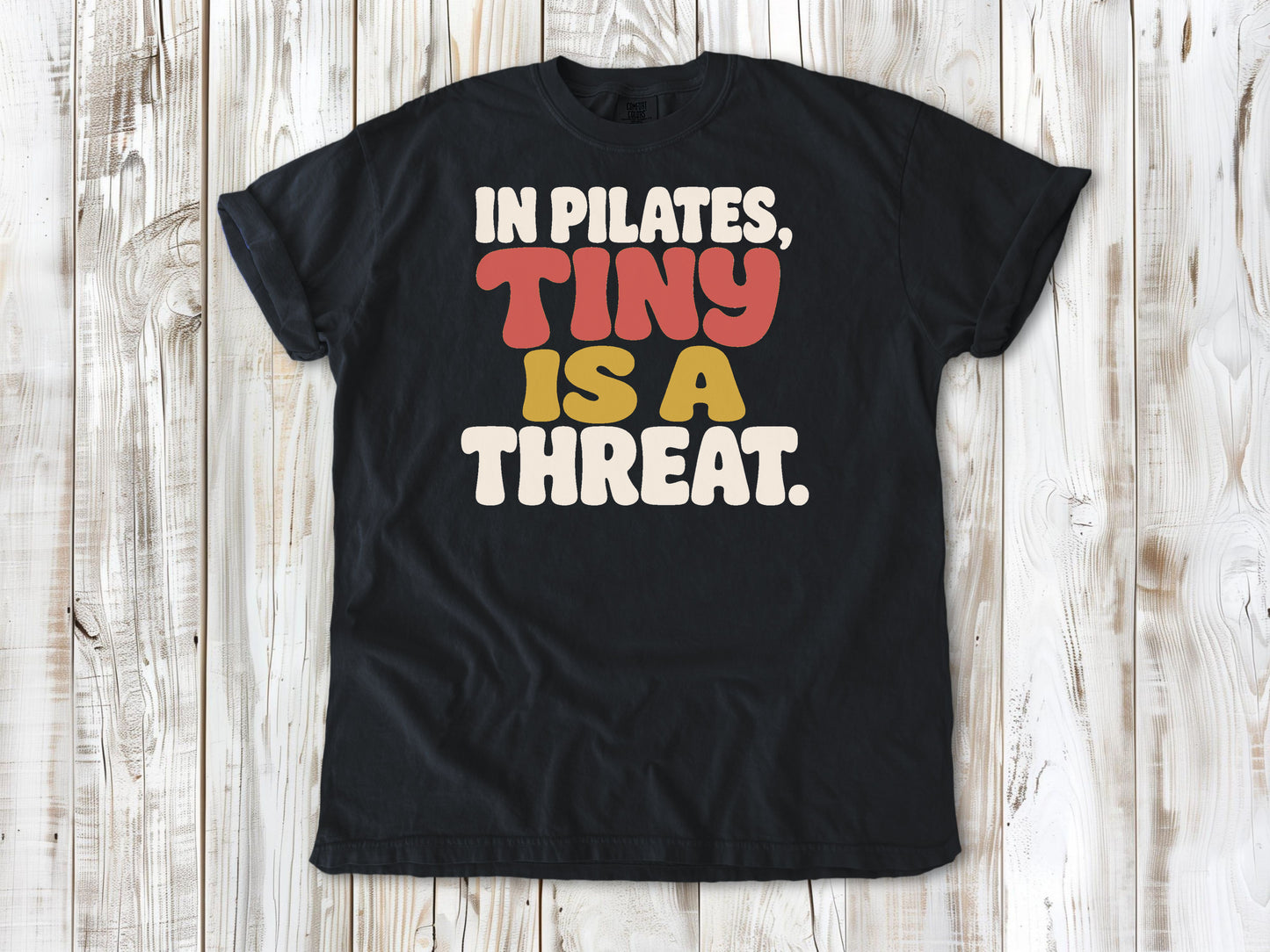 Graphite garment-dyed tee with In Pilates Tiny Is a Threat studio humor graphic.