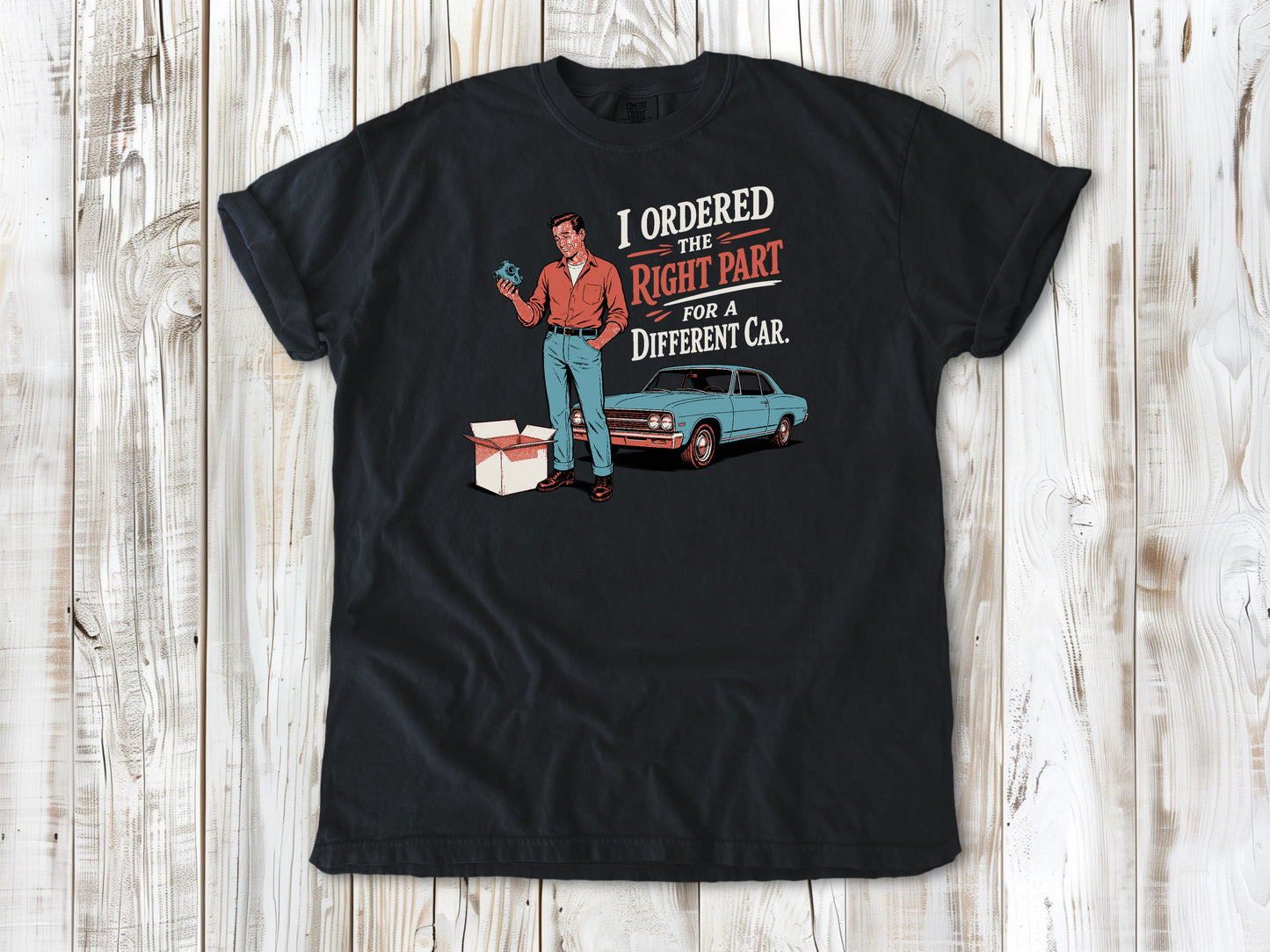 Graphite garment-dyed tee with The Right Part for a Different Car project car graphic.