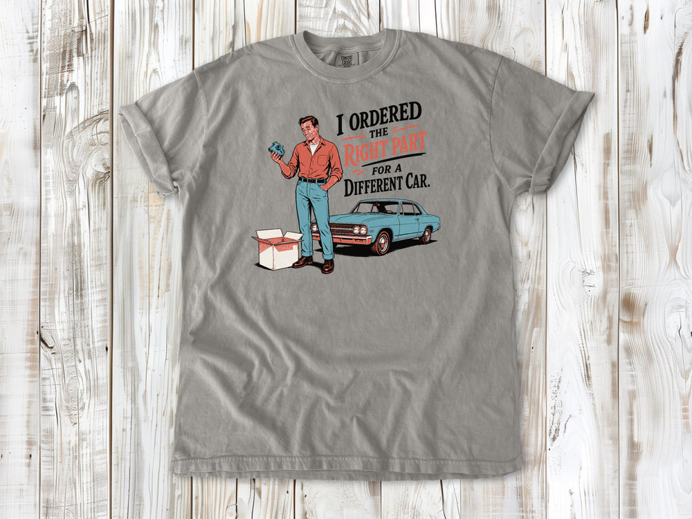 Grey garment-dyed tee with The Right Part for a Different Car project car graphic.