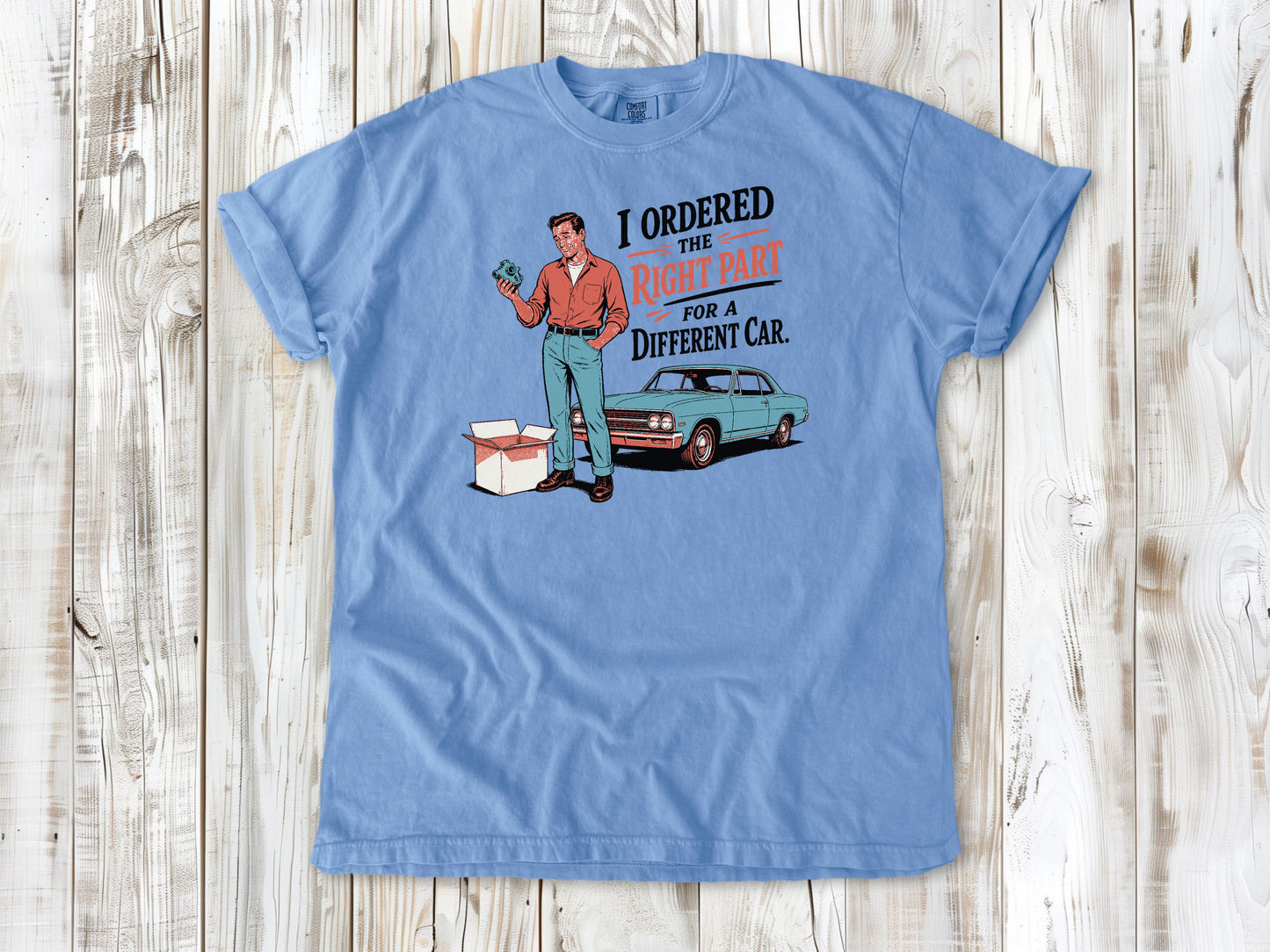Washed Denim garment-dyed tee with The Right Part for a Different Car project car graphic.