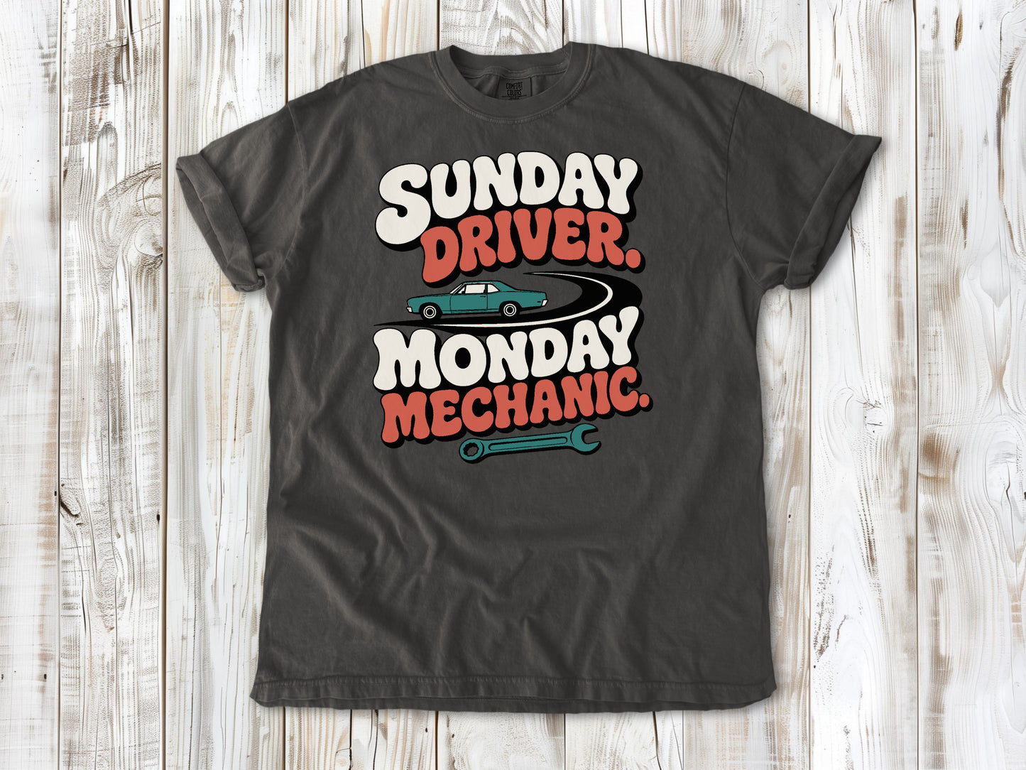 Pepper garment-dyed tee with Sunday Driver Monday Mechanic classic car graphic.