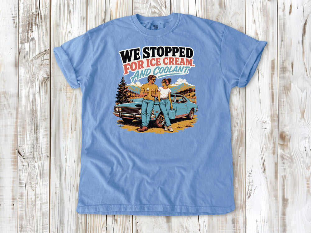 Washed Denim garment-dyed tee with We Stopped for Ice Cream and Coolant road trip graphic.