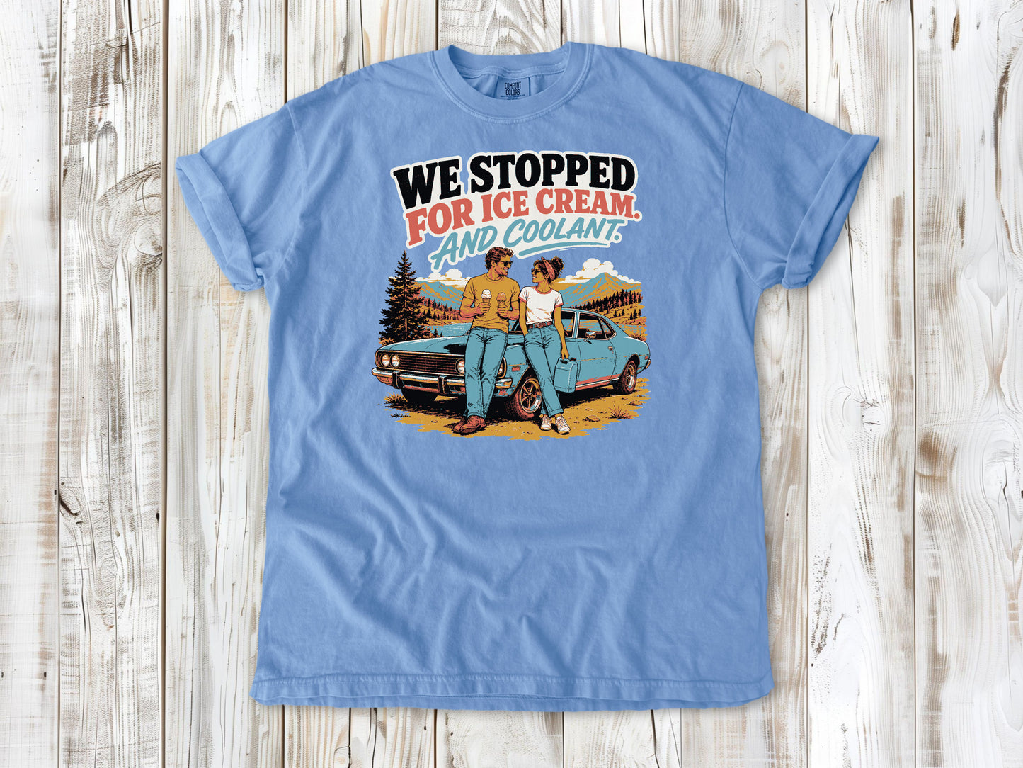 Washed Denim garment-dyed tee with We Stopped for Ice Cream and Coolant road trip graphic.