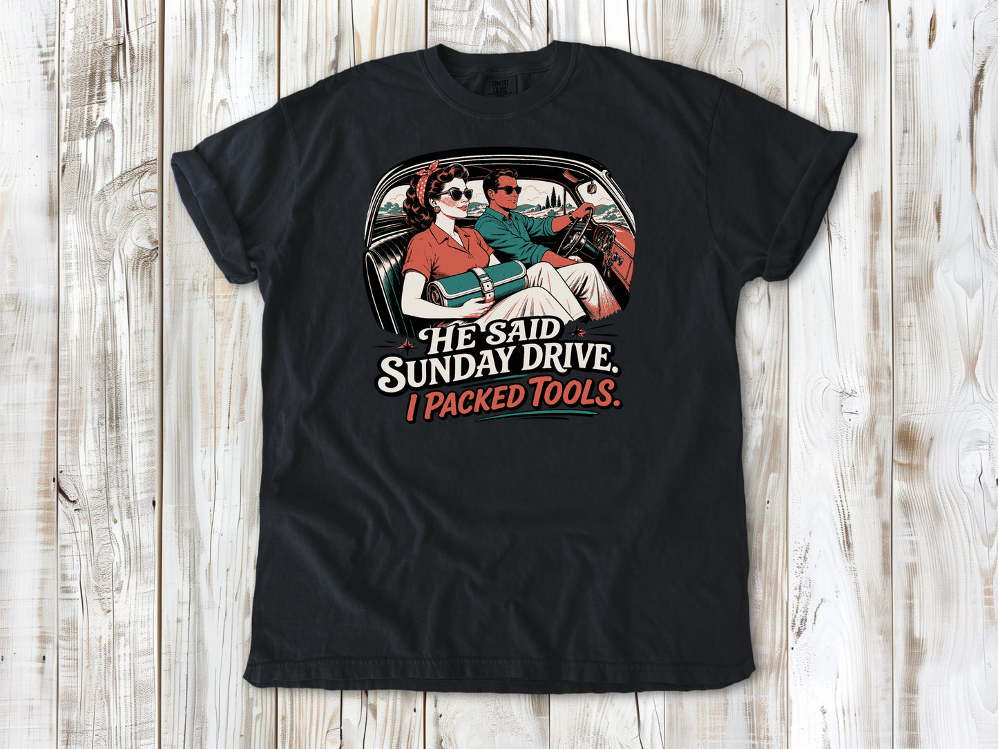 Graphite garment-dyed tee with He Said Sunday Drive I Packed Tools classic car graphic.