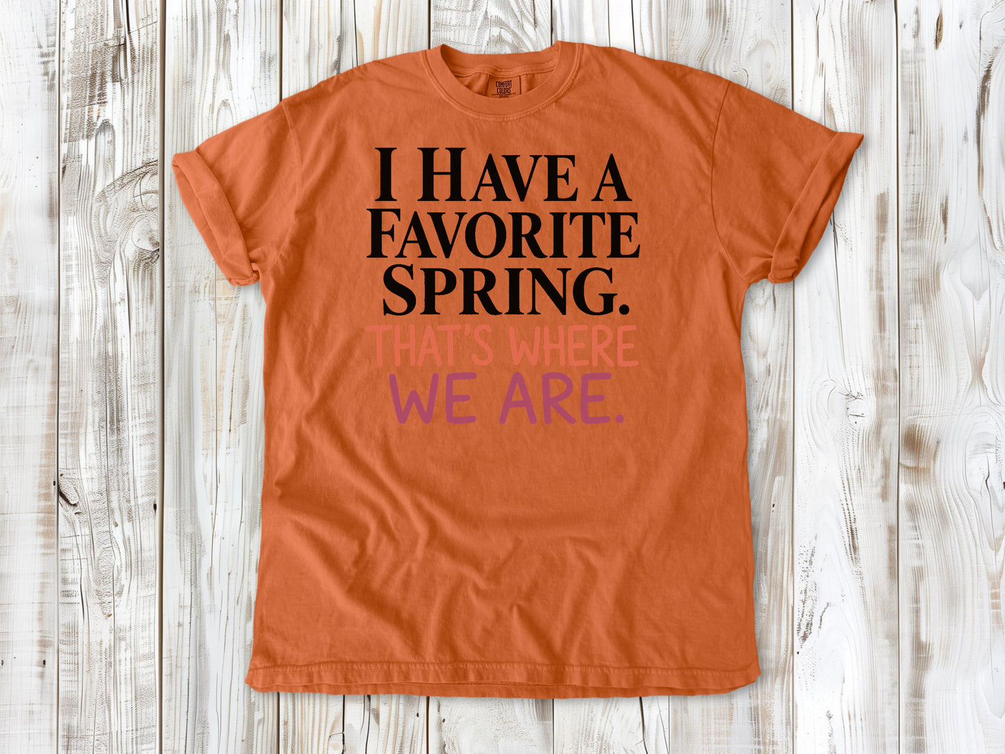 Burnt Orange garment-dyed tee with I Have a Favorite Spring reformer Pilates graphic.