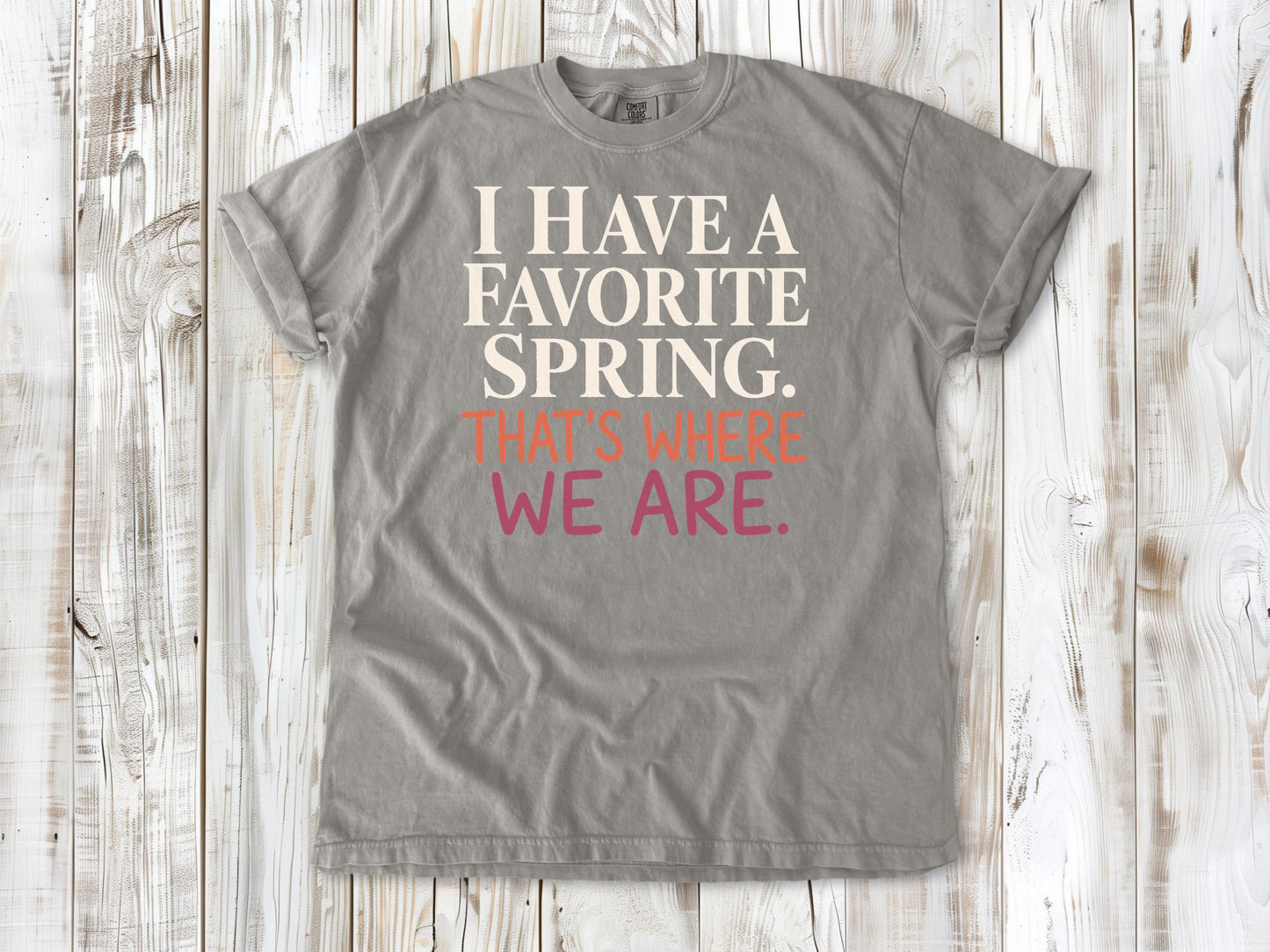 Grey garment-dyed tee with I Have a Favorite Spring reformer Pilates graphic.