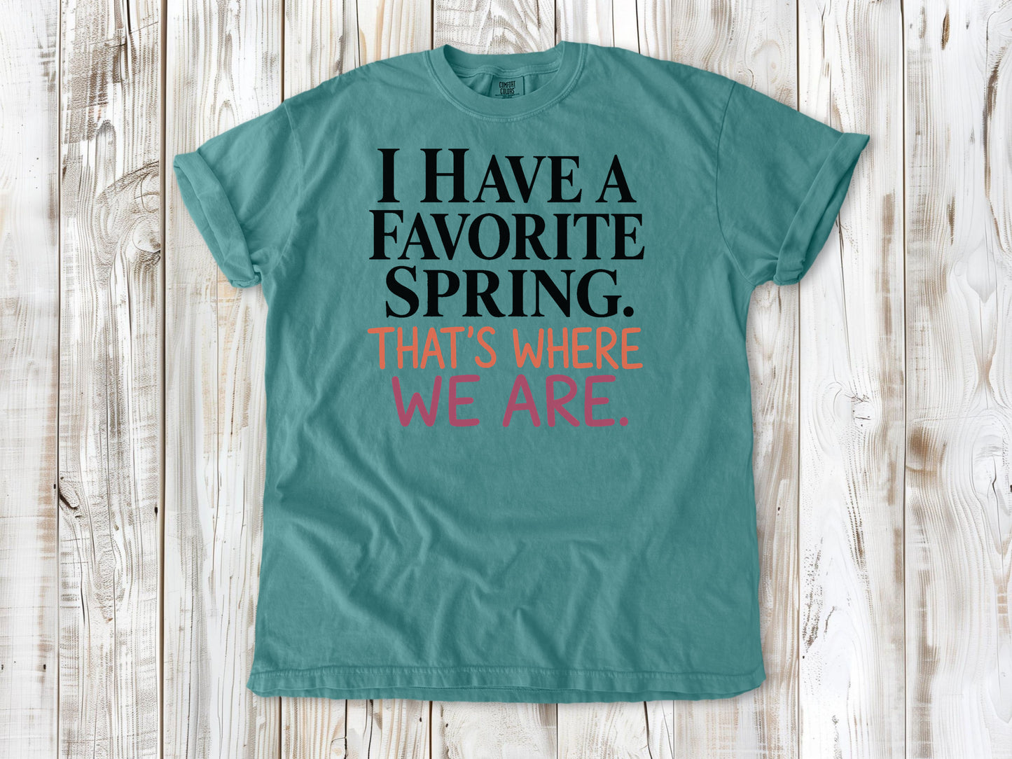 Seafoam garment-dyed tee with I Have a Favorite Spring reformer Pilates graphic.