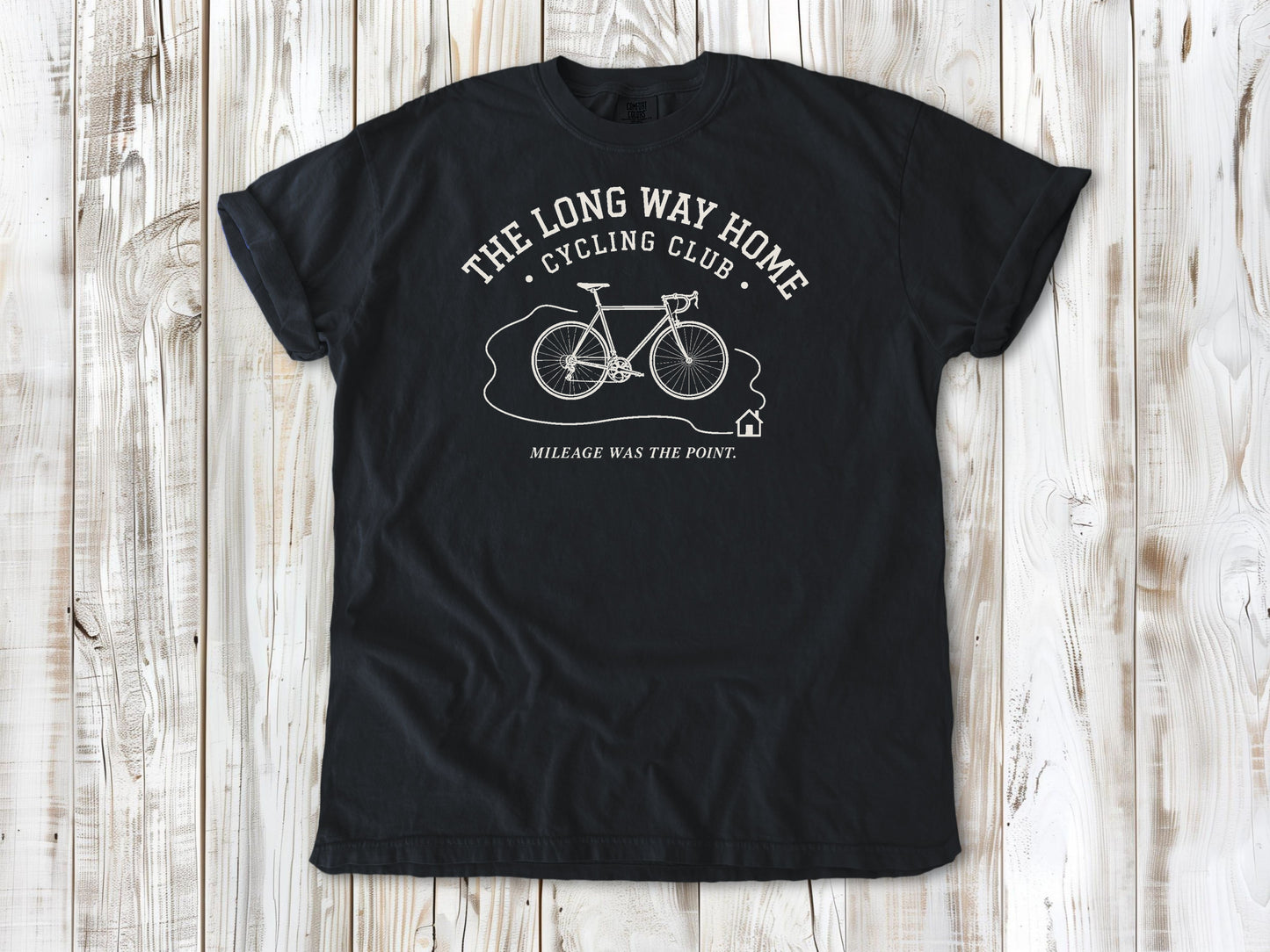 Graphite garment-dyed tee with The Long Way Home Cycling Club bicycle graphic.
