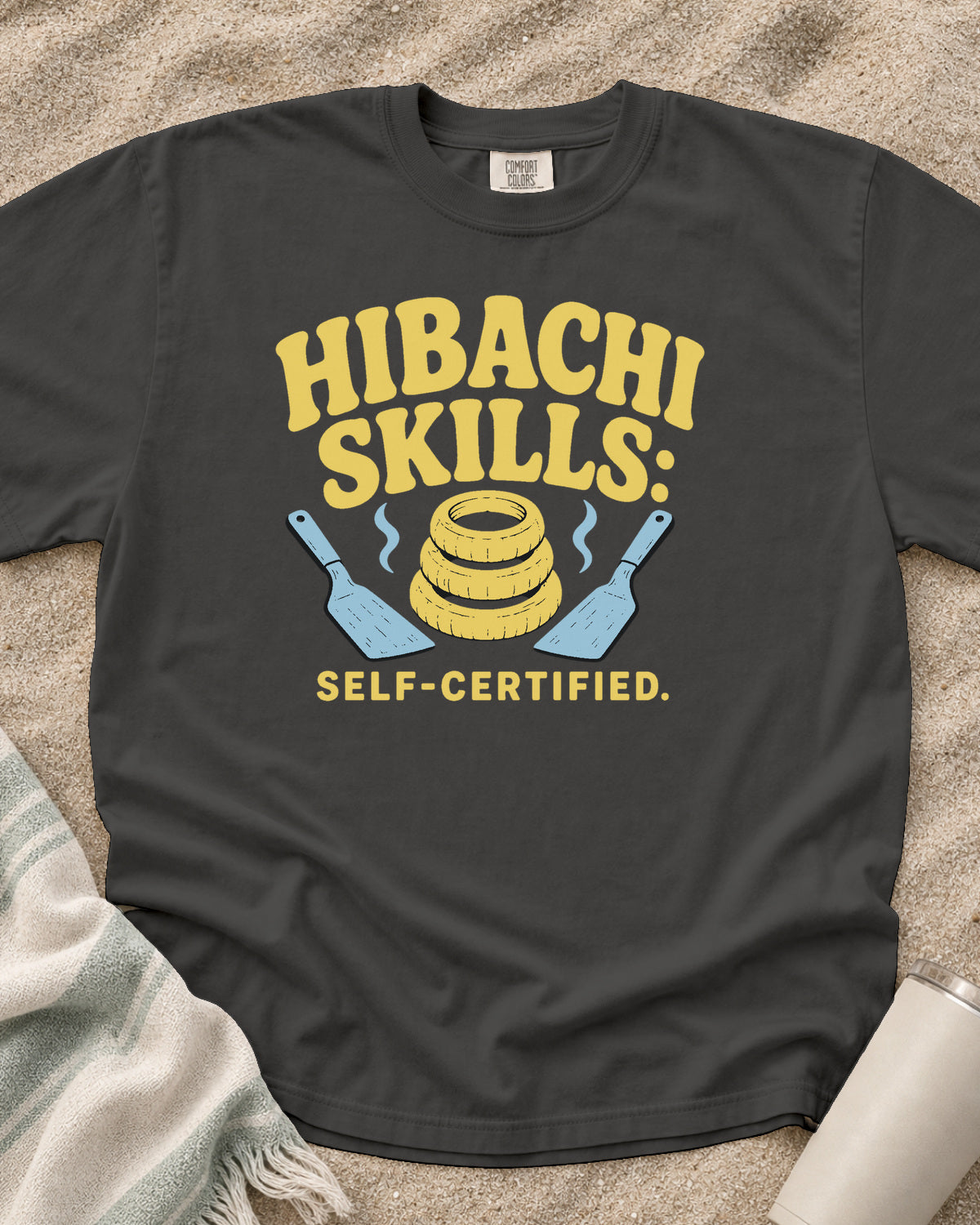 Pepper garment-dyed tee with Hibachi Skills Self-Certified griddle graphic.
